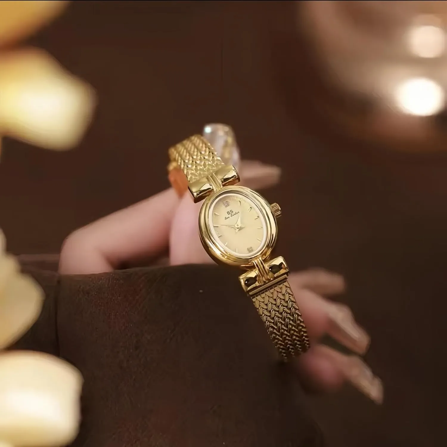 Watches for Women Retro Vintage Bracelet Ladies weed molten deposit chocolate Quartz Wristwatch with Diamond, Small Oval Dress Watch Gosasa Luxury Golden 