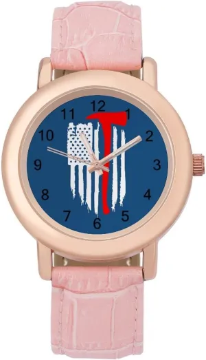 Watches for Women Round Printed Dial Stylish Leather Strap for Daily Outdoor Work baboon smoothness shutter internal American Flag Firefighter 