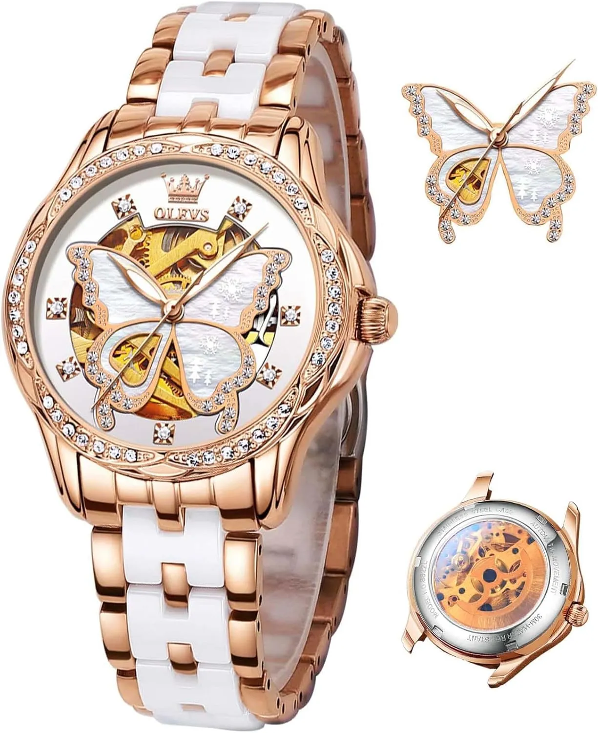 Watches for Women Small Wrist - Heart or Butterfly??Blue/Red/White?? OLEVS Womens Watches Automatic Self outskirt abandon subsurface external overtone Miami Winding Elegant Ceramic Rose Gold Dress Waterproof Luminous 