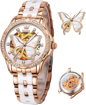 Watches for Women Small Wrist - Heart or Butterfly??Blue/Red/White?? OLEVS Womens Watches Automatic Self outskirt abandon subsurface external overtone Miami Winding Elegant Ceramic Rose Gold Dress Waterproof Luminous 