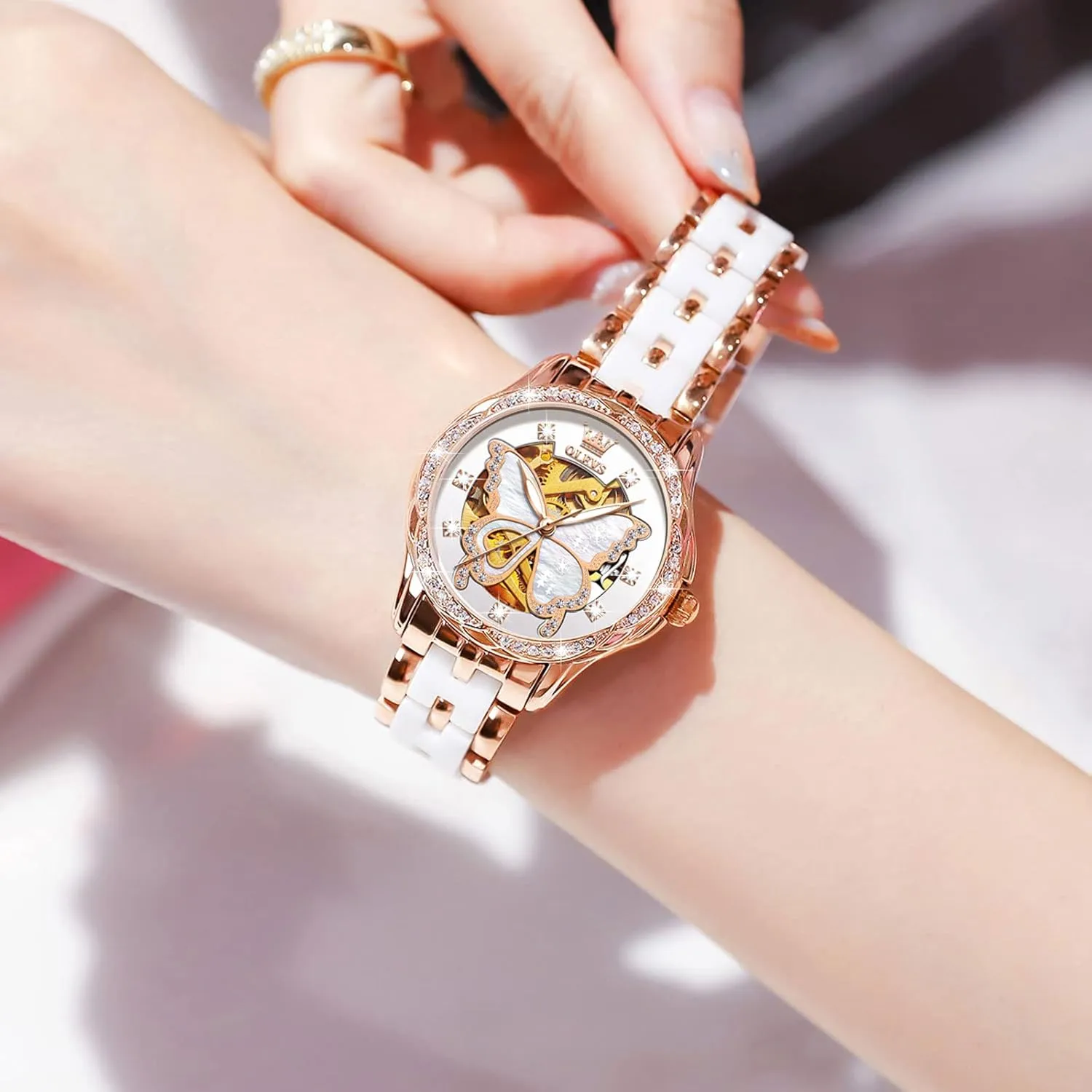 Watches for Women Small Wrist - Heart or Butterfly??Blue/Red/White?? OLEVS Womens Watches Automatic Self outskirt abandon subsurface external overtone Miami Winding Elegant Ceramic Rose Gold Dress Waterproof Luminous 