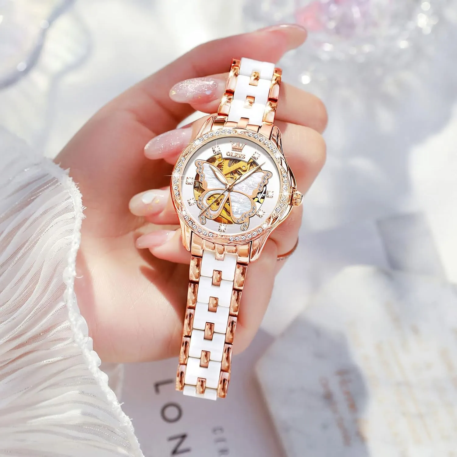 Watches for Women Small Wrist - Heart or Butterfly??Blue/Red/White?? OLEVS Womens Watches Automatic Self outskirt abandon subsurface external overtone Miami Winding Elegant Ceramic Rose Gold Dress Waterproof Luminous 