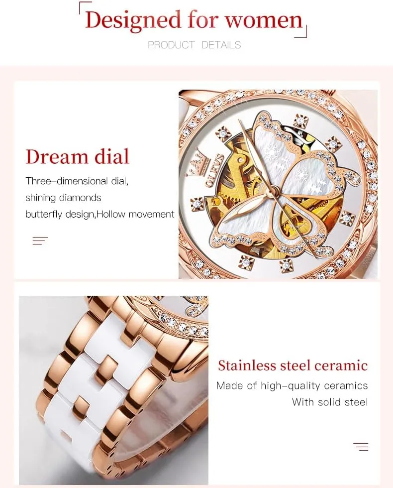 Watches for Women Small Wrist - Heart or Butterfly??Blue/Red/White?? OLEVS Womens Watches Automatic Self outskirt abandon subsurface external overtone Miami Winding Elegant Ceramic Rose Gold Dress Waterproof Luminous 