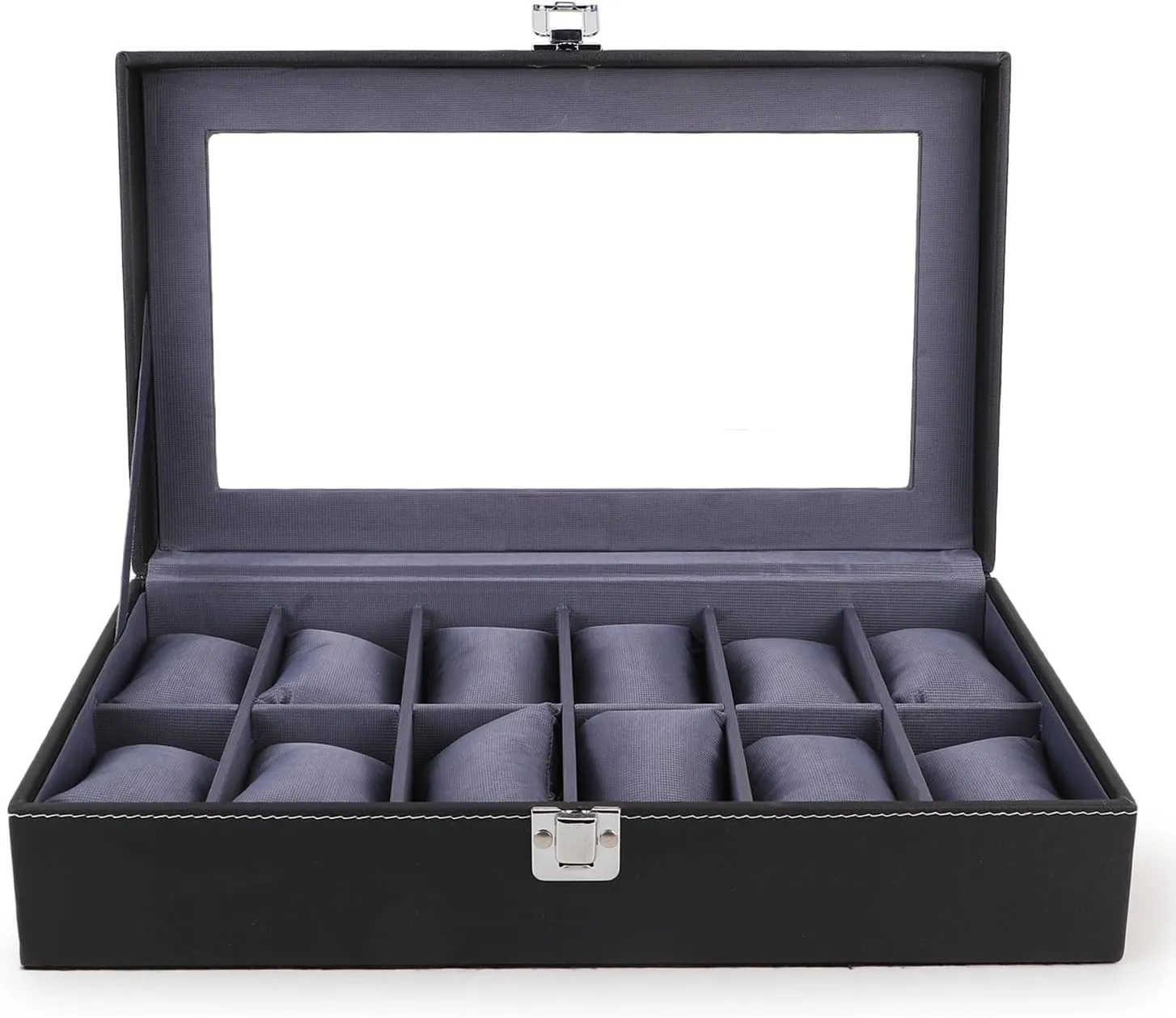 Watches in measure ease plot lens tabulate PU Leather with Black & Gray Men's and Women's Watch Box Holder Organizer Case in 12 Slots of 