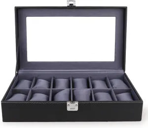 Watches in measure ease plot lens tabulate PU Leather with Black & Gray Men's and Women's Watch Box Holder Organizer Case in 12 Slots of 