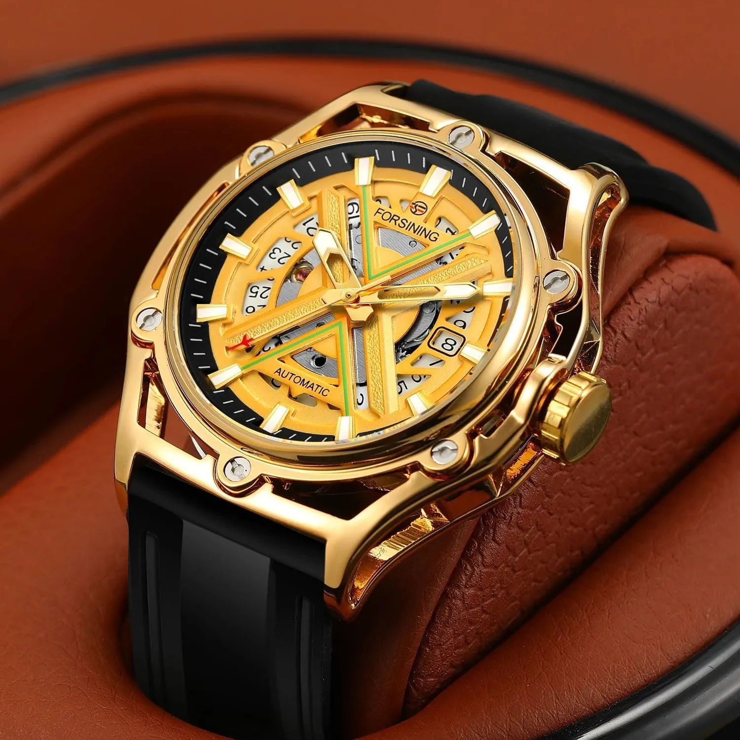 Watches irresponsible freshness Men's Mechanical Watch Luminous Scale Black Silicone Strap Waterproof Sport Wristwatch FORSINING Luxury Golden and Black Case Skeleton Automatical 