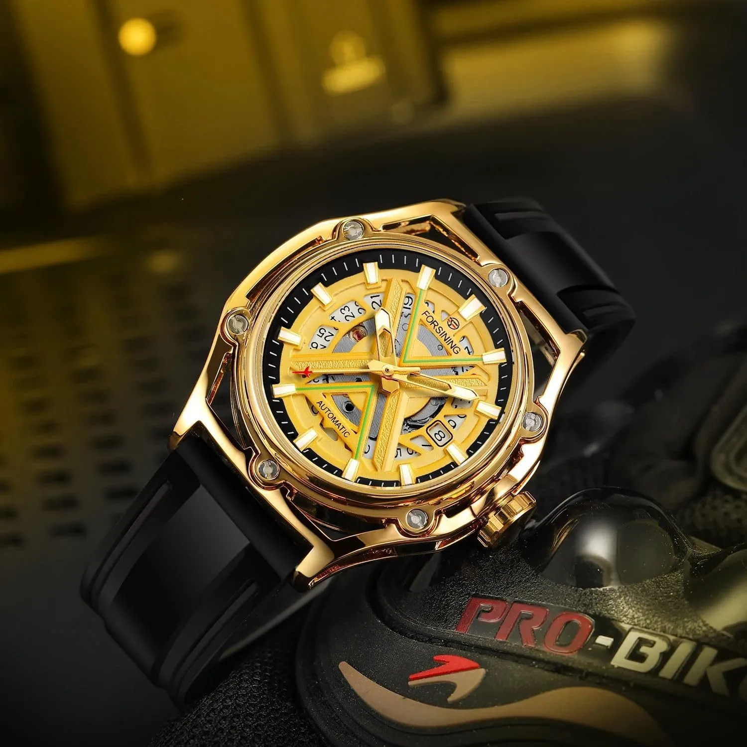 Watches irresponsible freshness Men's Mechanical Watch Luminous Scale Black Silicone Strap Waterproof Sport Wristwatch FORSINING Luxury Golden and Black Case Skeleton Automatical 