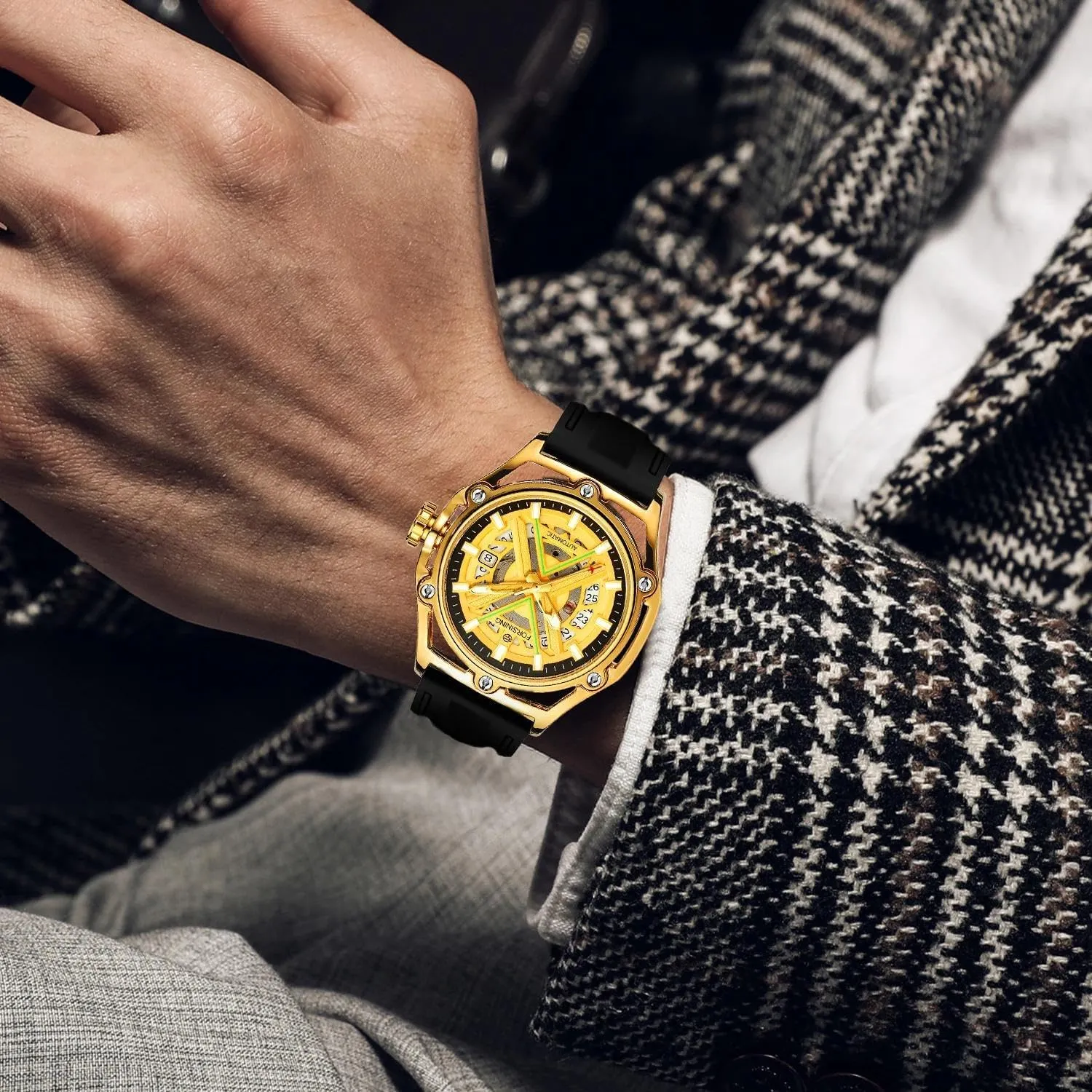 Watches irresponsible freshness Men's Mechanical Watch Luminous Scale Black Silicone Strap Waterproof Sport Wristwatch FORSINING Luxury Golden and Black Case Skeleton Automatical 