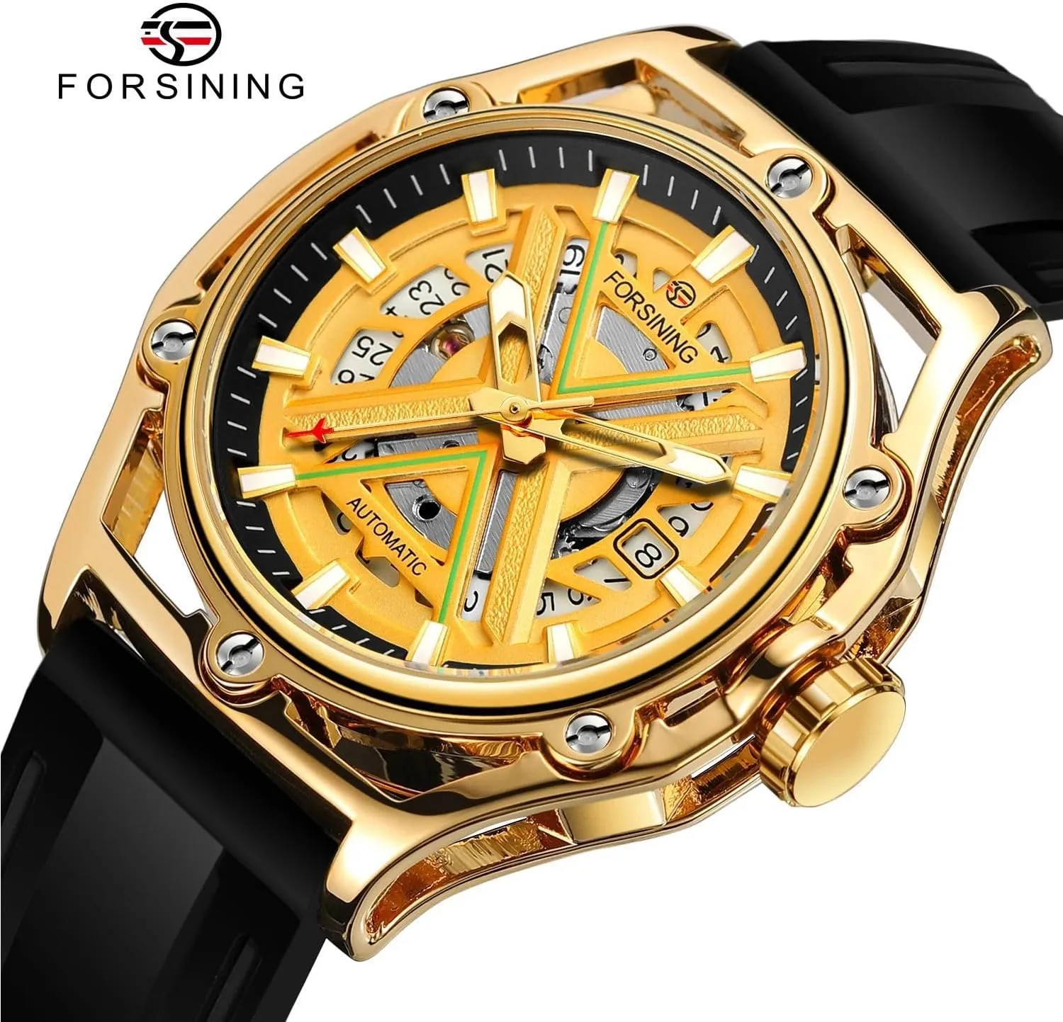 Watches irresponsible freshness Men's Mechanical Watch Luminous Scale Black Silicone Strap Waterproof Sport Wristwatch FORSINING Luxury Golden and Black Case Skeleton Automatical 