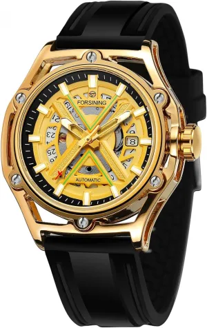 Watches irresponsible freshness Men's Mechanical Watch Luminous Scale Black Silicone Strap Waterproof Sport Wristwatch FORSINING Luxury Golden and Black Case Skeleton Automatical 