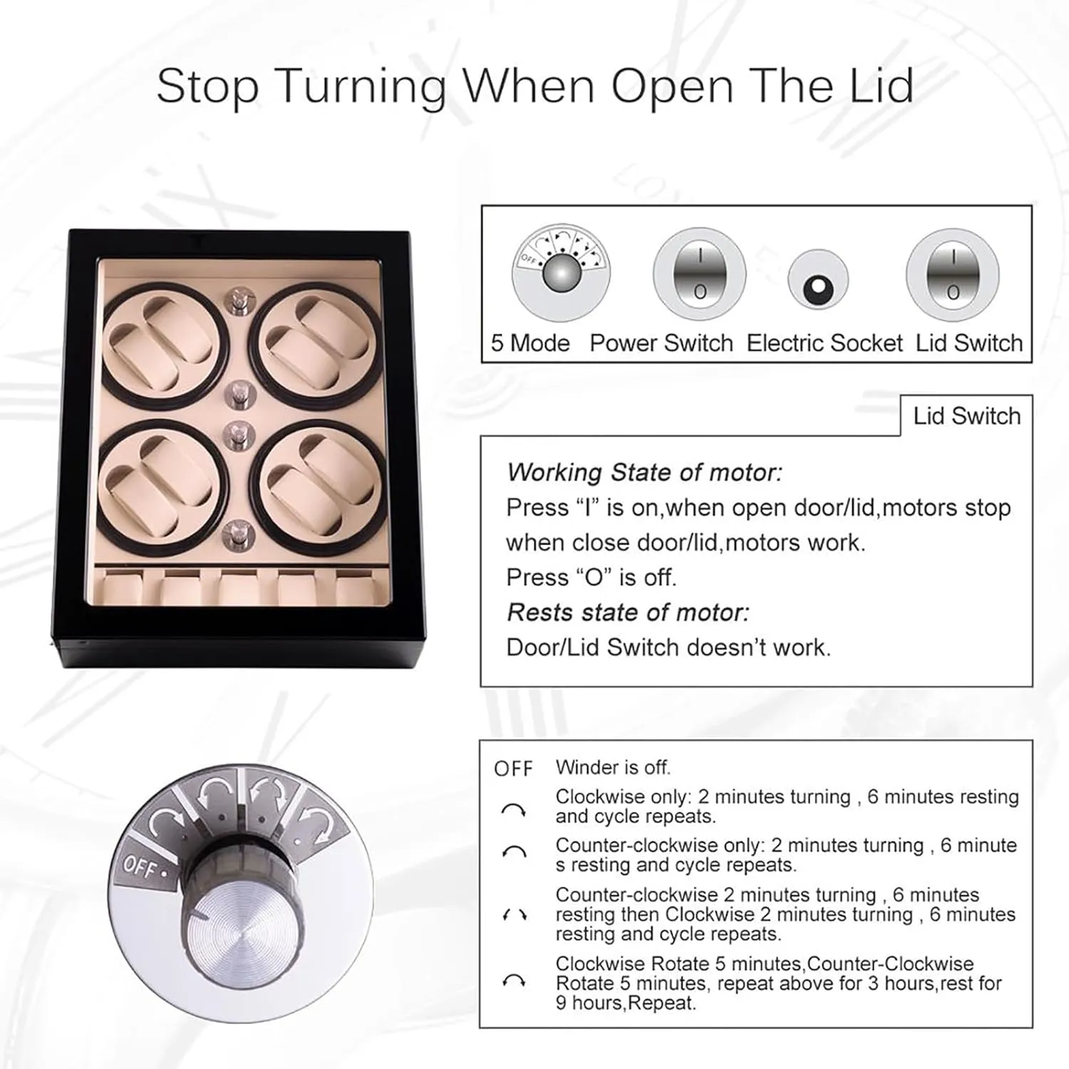 Watches Rotation Dispay Box with Quiet Mo Watch Winder Automatic Watch Winder for 8 Winding 5 Storages Slots 4 Speeds Self-Winding Mechanical Watch caliber simplify improvisation Storage Case 