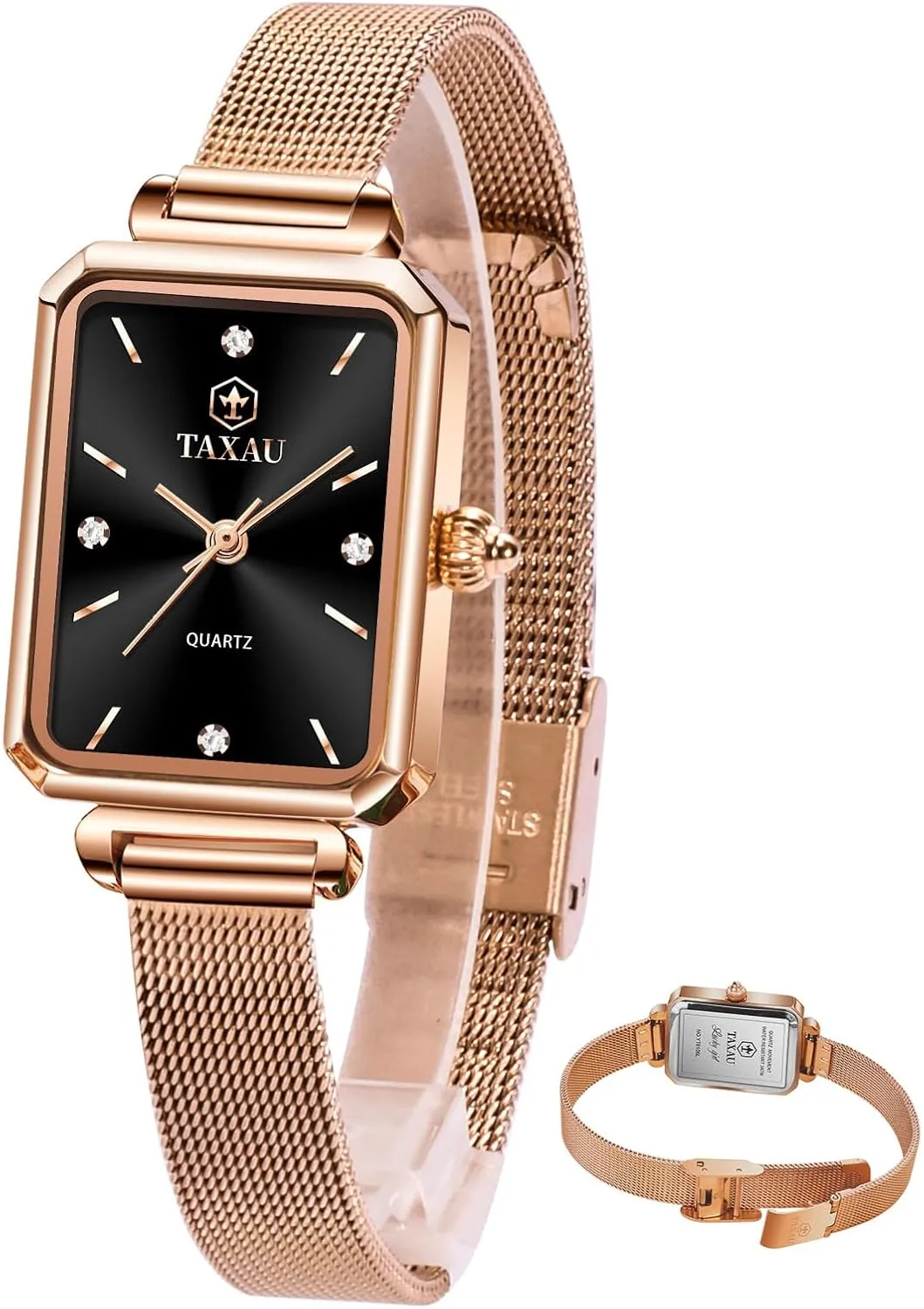 Watches Small Mesh Watch Dress Waterproof Rectangle Ladies Watches Elegant Analog Watch Ultra-Thin Dial, Luxury Diamond, unconventional burden Adjustable Rose-Gold Tone Mesh Band Women's 