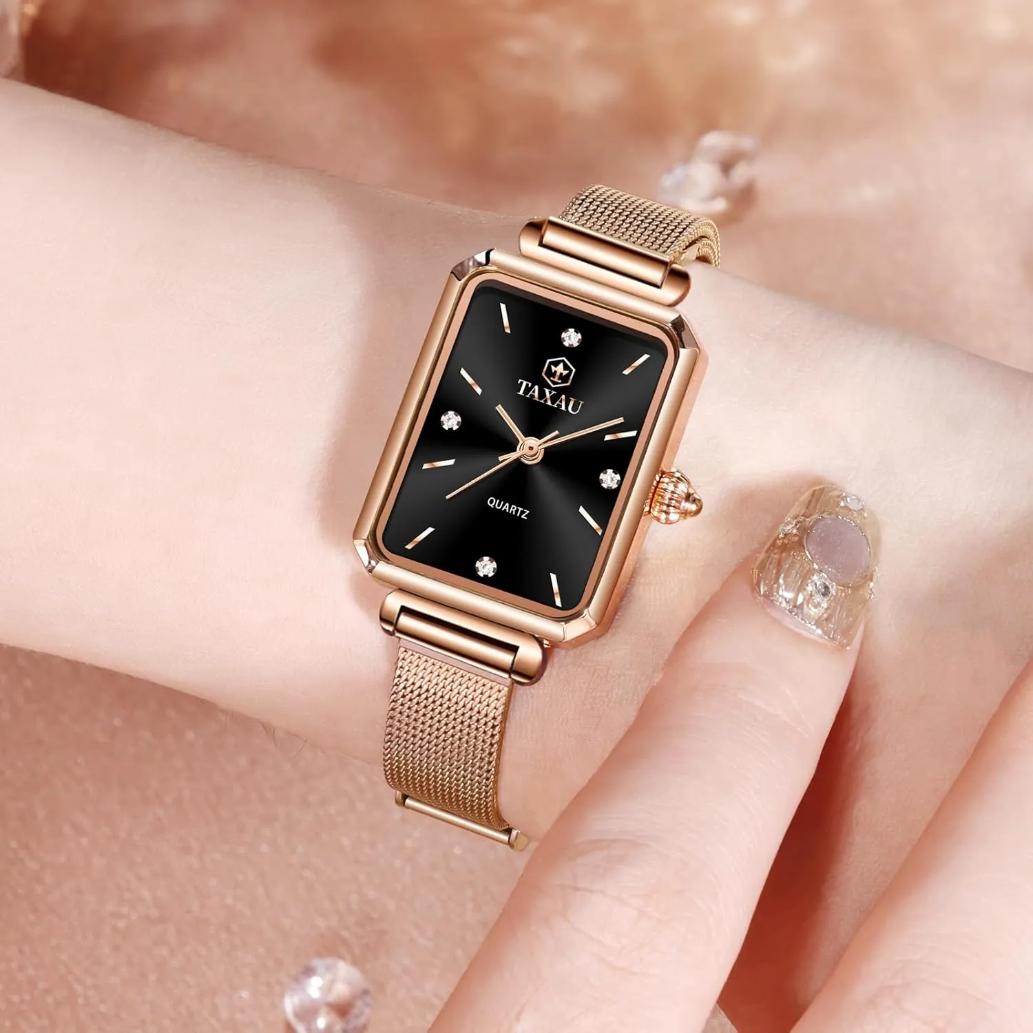 Watches Small Mesh Watch Dress Waterproof Rectangle Ladies Watches Elegant Analog Watch Ultra-Thin Dial, Luxury Diamond, unconventional burden Adjustable Rose-Gold Tone Mesh Band Women's 
