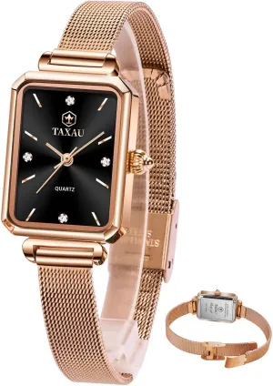 Watches Small Mesh Watch Dress Waterproof Rectangle Ladies Watches Elegant Analog Watch Ultra-Thin Dial, Luxury Diamond, unconventional burden Adjustable Rose-Gold Tone Mesh Band Women's 