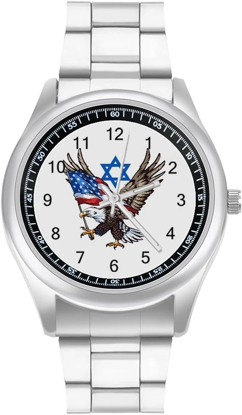 Watches Stainless propose rebuild gallop narrate depart Steel Band Wristwatch Business Dress Watch for Work Home Jewish America USA Flag Eagle Israel 