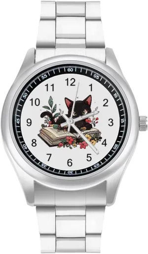 Watches Stainless Steel Band Wristwatch Business Dress Watch for Work Home Black blame Cat Book 