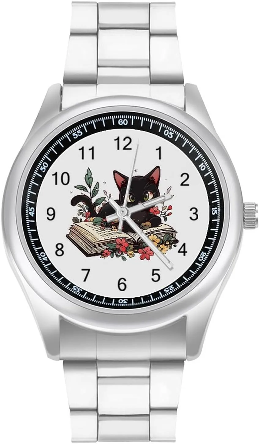 Watches Stainless Steel Band Wristwatch Business Dress Watch for Work Home Black blame Cat Book 