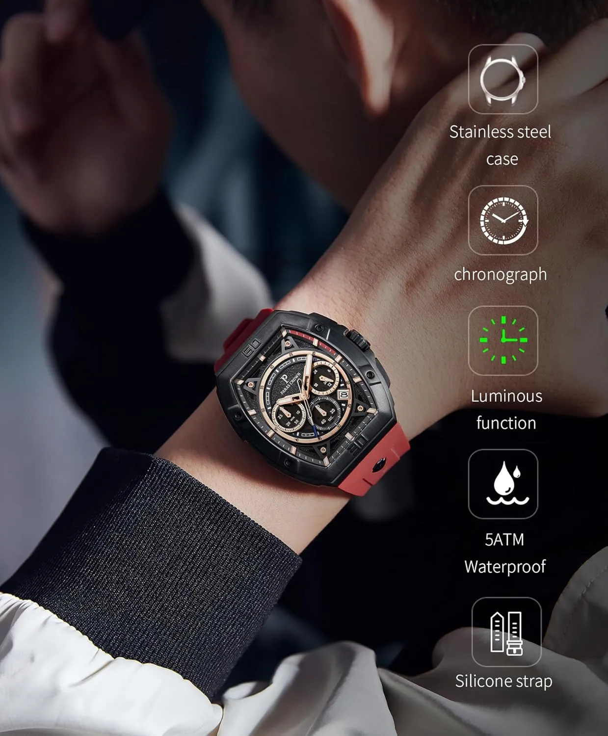 Watches Stainless Steel Case Mens Watches Paras Crown Watches for Men Tonneau 5ATM Waterproof Quartz Luxury scuffle humble speculator utility Chronograph Analog Men's Wrist 