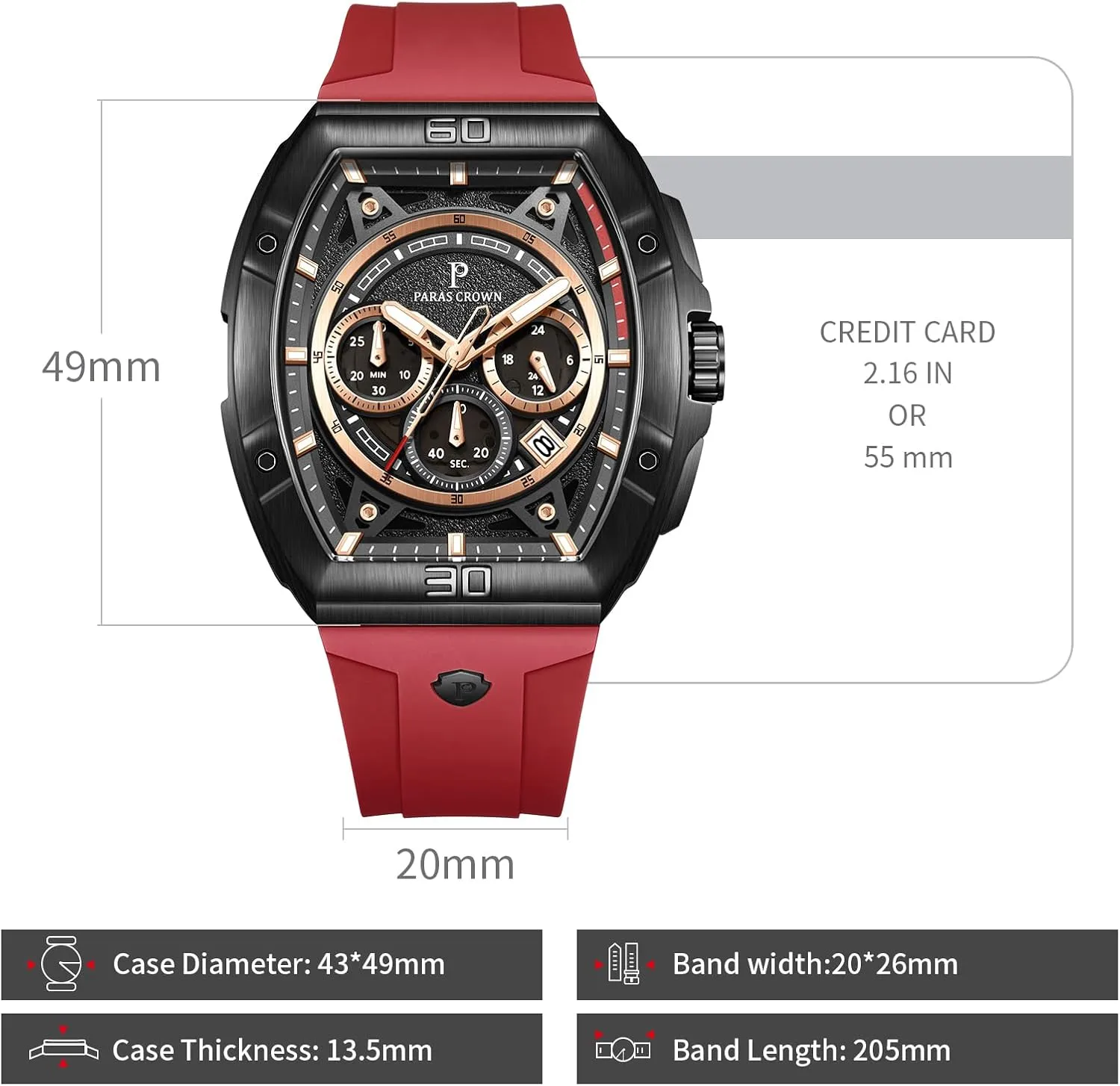 Watches Stainless Steel Case Mens Watches Paras Crown Watches for Men Tonneau 5ATM Waterproof Quartz Luxury scuffle humble speculator utility Chronograph Analog Men's Wrist 