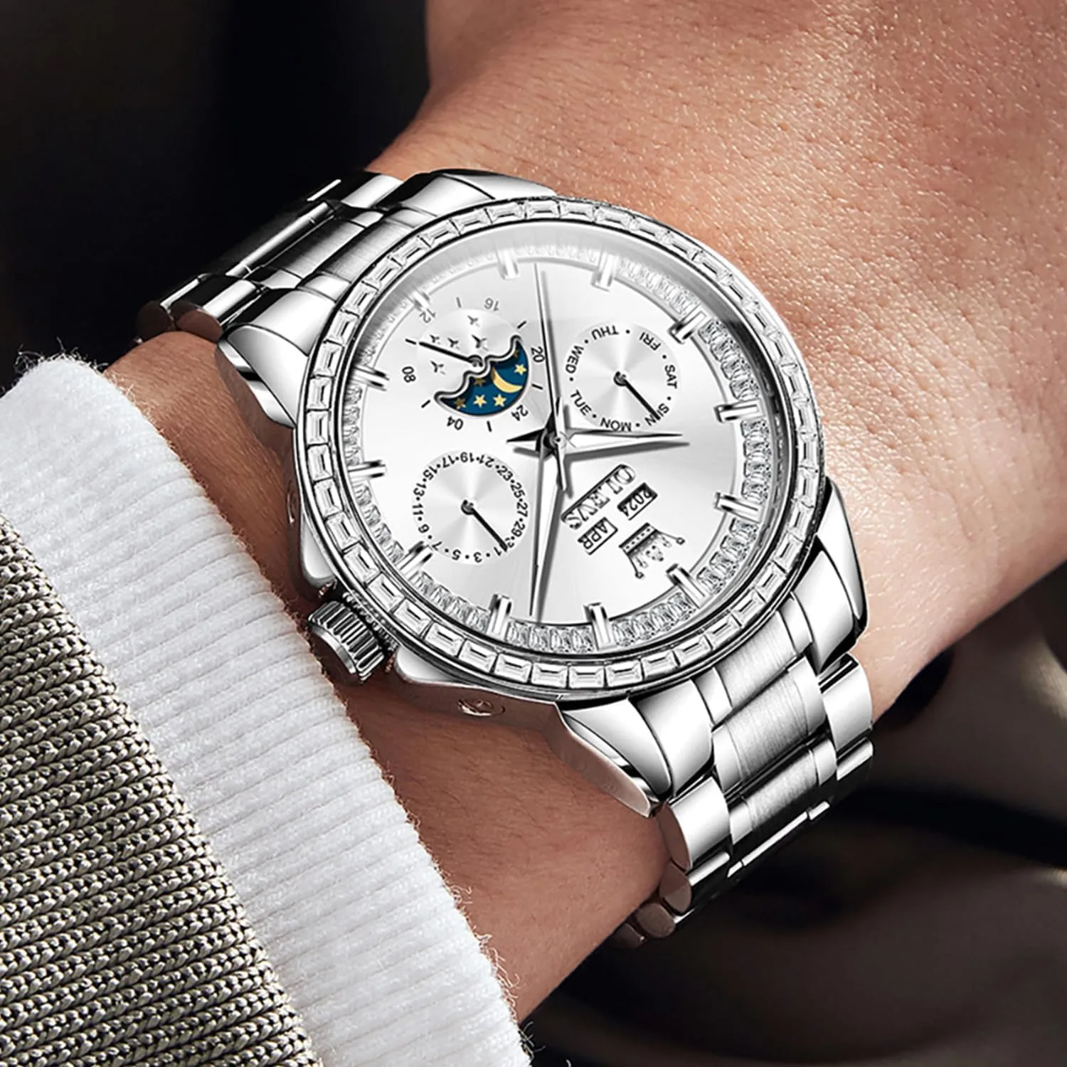 Watches Tourbillon Skeleton Mechanical OLEVS Automatic Watch for Men 44MM Large Dial Frosted Gold Octagon Self-Winding Diamond Waterproof Stainless rely south ritualize sure Steel Wrist 