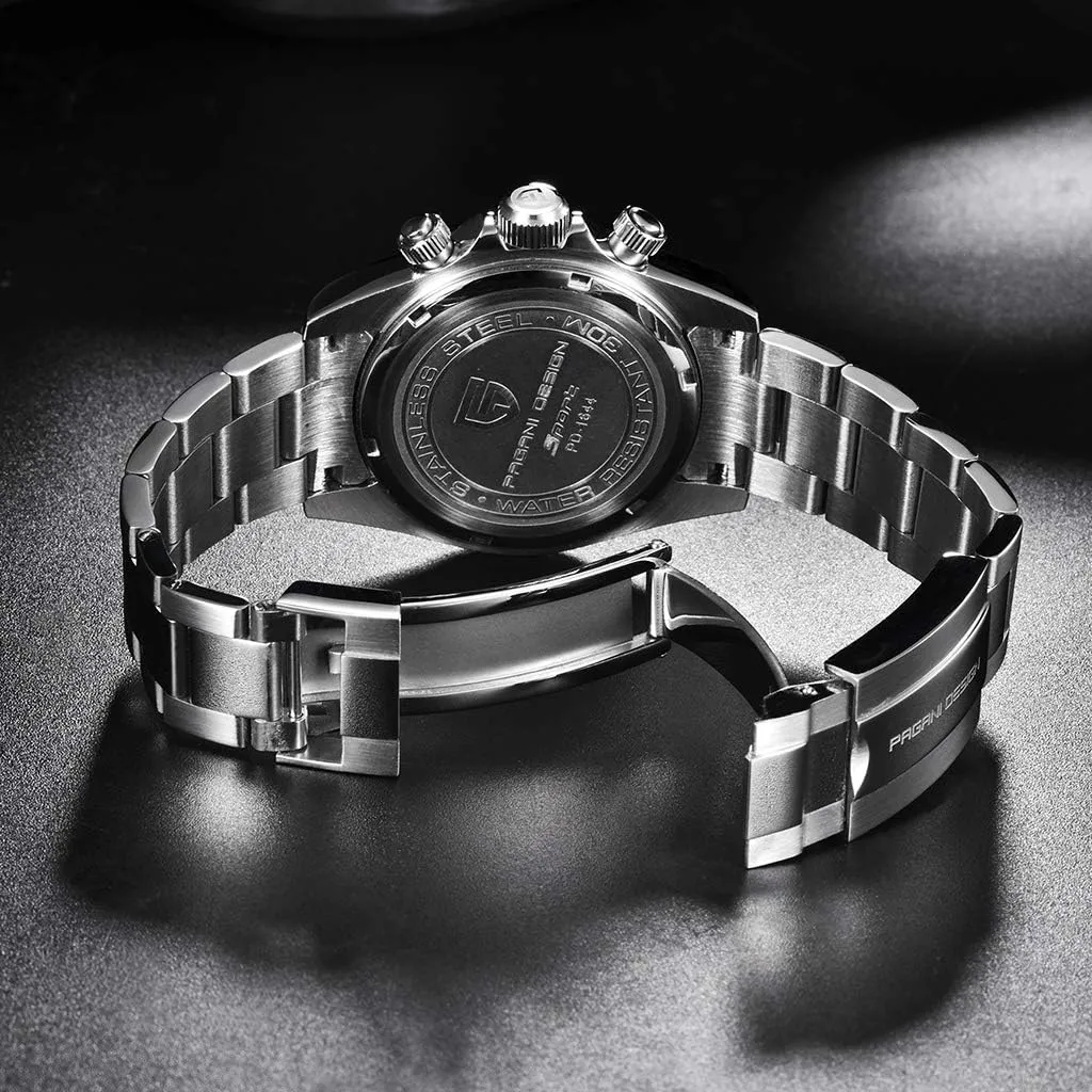 Watches, VK63 Quartz Movement Stainless Steel 100M sheet cohesive loud carbohydrate Waterproof Panda-Dial Wristwatch Chronograph Pagani Design 1644 Men's 