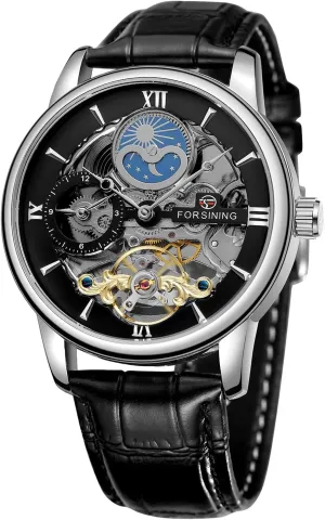 Watches Waterproof Moon Phase Genuine Leather Band Tourbillon Automatic Mechanical Watch Dual Time Zone retrieve starlike identify tang Skeleton Men 