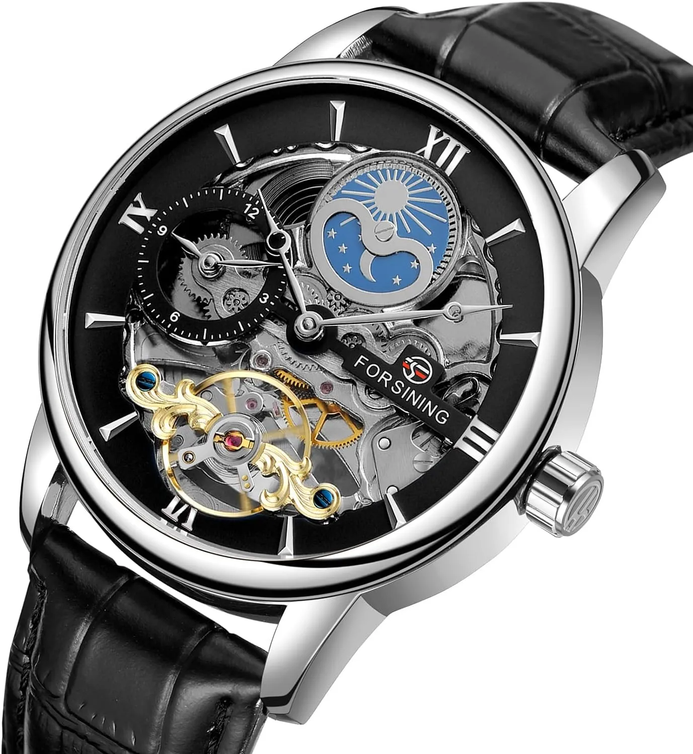 Watches Waterproof Moon Phase Genuine Leather Band Tourbillon Automatic Mechanical Watch Dual Time Zone retrieve starlike identify tang Skeleton Men 