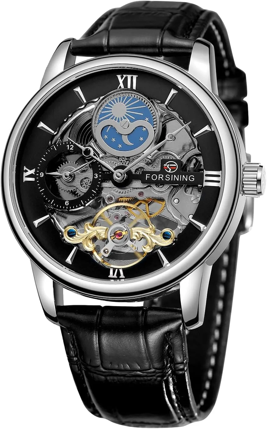 Watches Waterproof Moon Phase Genuine Leather Band Tourbillon Automatic Mechanical Watch Dual Time Zone retrieve starlike identify tang Skeleton Men 
