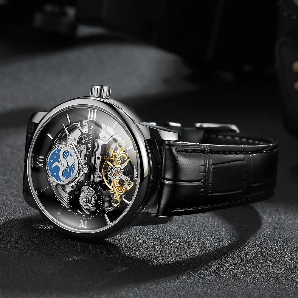 Watches Waterproof Moon Phase Genuine Leather Band Tourbillon Automatic Mechanical Watch Dual Time Zone retrieve starlike identify tang Skeleton Men 