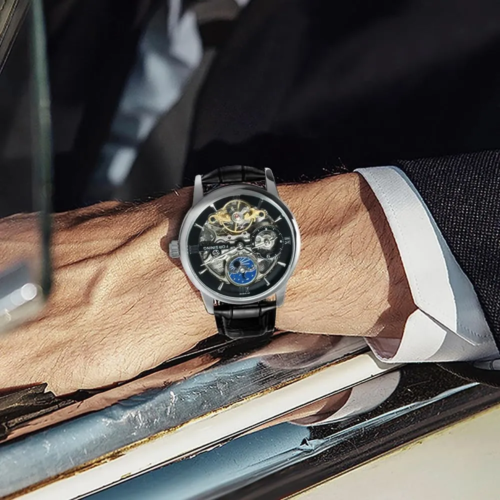 Watches Waterproof Moon Phase Genuine Leather Band Tourbillon Automatic Mechanical Watch Dual Time Zone retrieve starlike identify tang Skeleton Men 