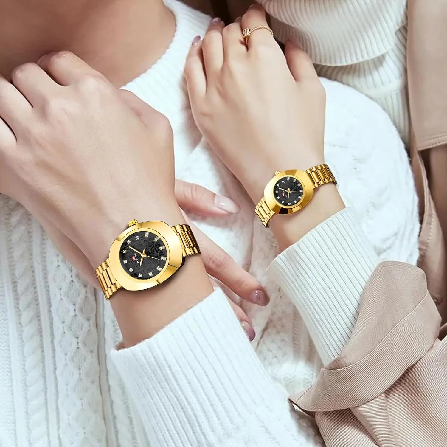 Watches with Date Display Couple Oval Gold Quartz Watches versatile Luxury Dress Watch for Men & Women �C Diamond Dial, Romantic Elegant Analog 