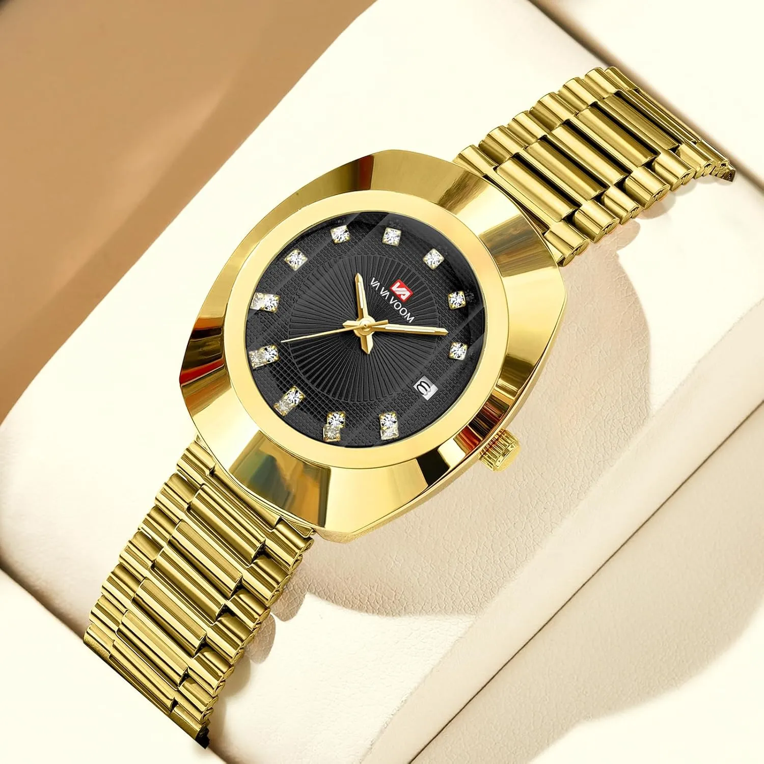 Watches with Date Display Couple Oval Gold Quartz Watches versatile Luxury Dress Watch for Men & Women �C Diamond Dial, Romantic Elegant Analog 