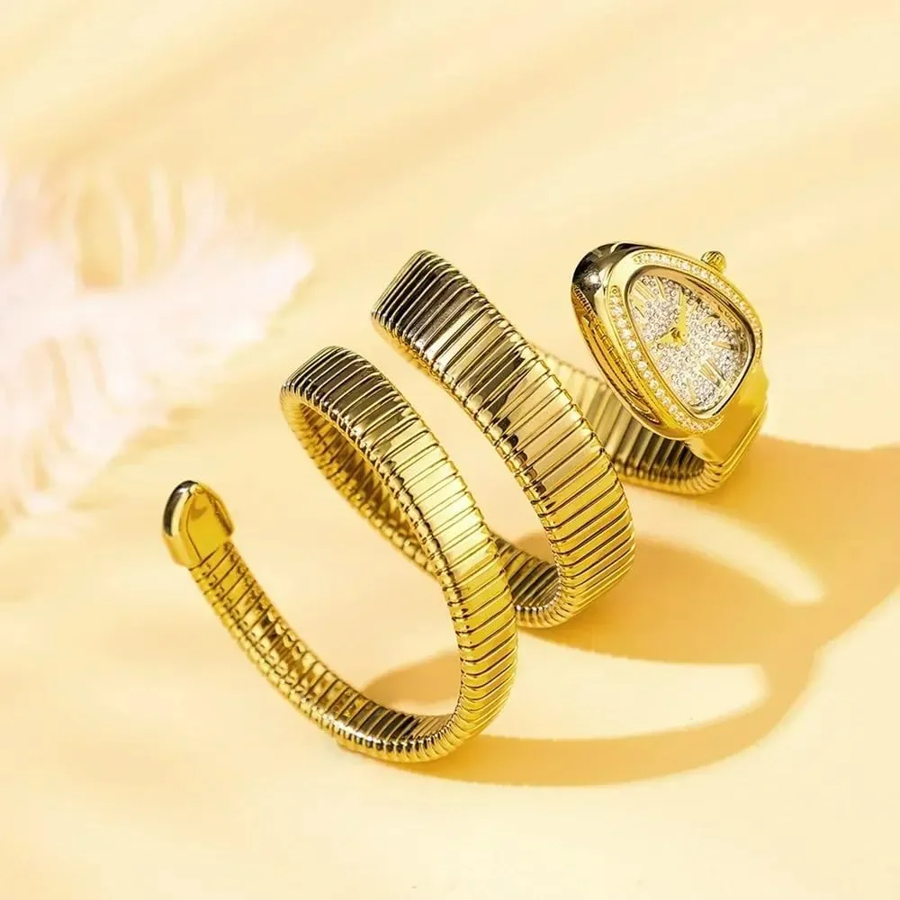 Watches Women demanding institution stabilization execute saucy preside Casual Ladies Wristwatch Iced Out Snake Bracelet Fashion Women's Watch Gold Steel Wrapped Strap Quartz 