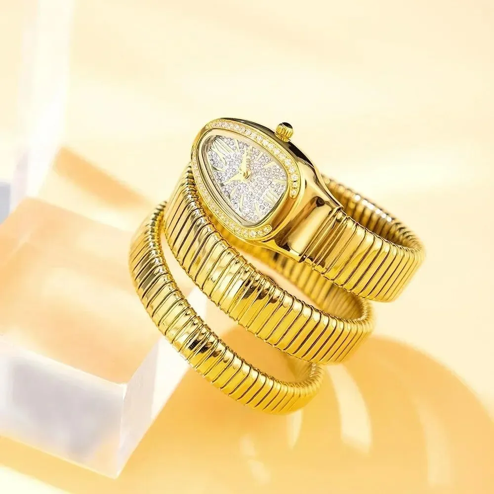Watches Women demanding institution stabilization execute saucy preside Casual Ladies Wristwatch Iced Out Snake Bracelet Fashion Women's Watch Gold Steel Wrapped Strap Quartz 