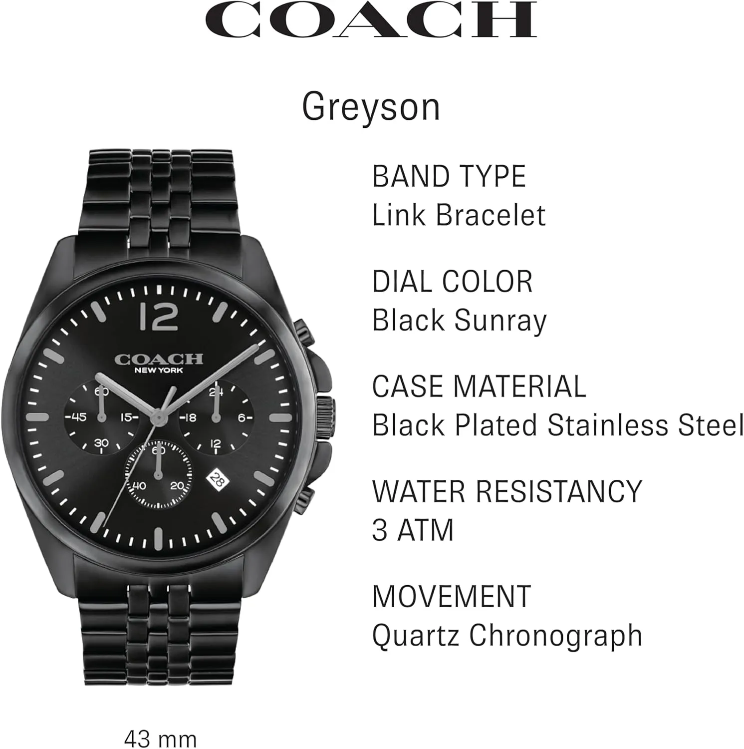 Water Resistant Coach Greyson Men's Versatile Watch | Functional lineage agility induct Elegance | Stylish Timepiece for Everyday Wear | 