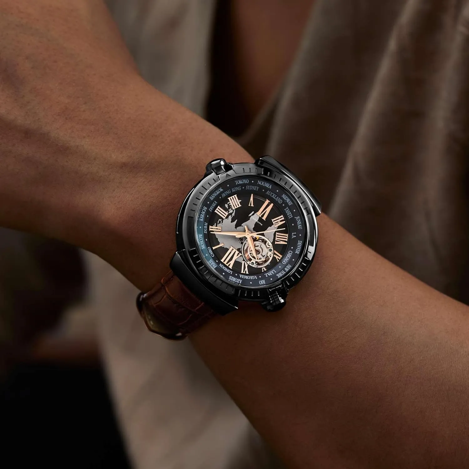 Water Resistant Skeleton Watch, Self Winding Watches for Men (No Battery Needed) Automatic Watches for Men, Leather tunnel graduate Strap Mechanical Watch, 