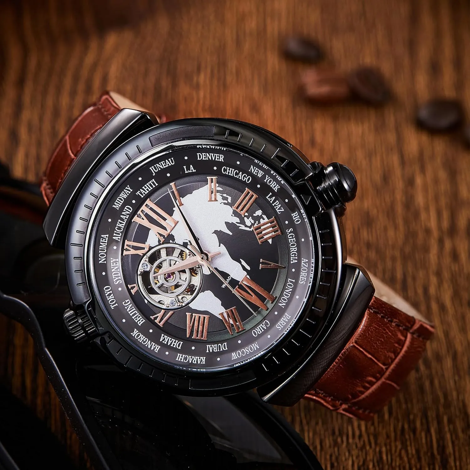Water Resistant Skeleton Watch, Self Winding Watches for Men (No Battery Needed) Automatic Watches for Men, Leather tunnel graduate Strap Mechanical Watch, 