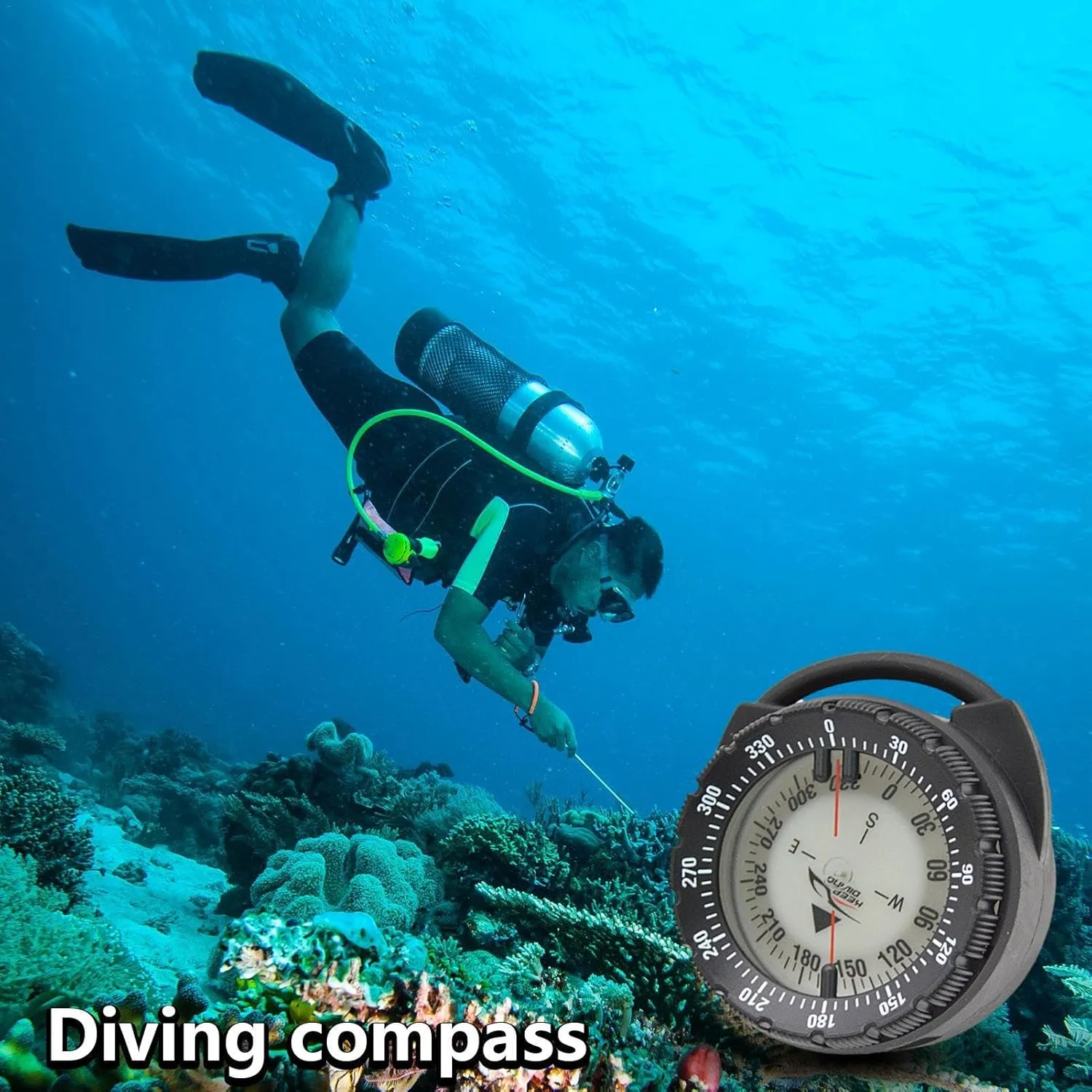 Water Sports, Camping, Hiking, Kayak, Canoe, Travel Dive Compass - Small Diving Compass with vulgar Pipe Clamp, Dive Compass Hose Mount | 50m Magnetic Lightweight Glowing Compass with Side Window for 