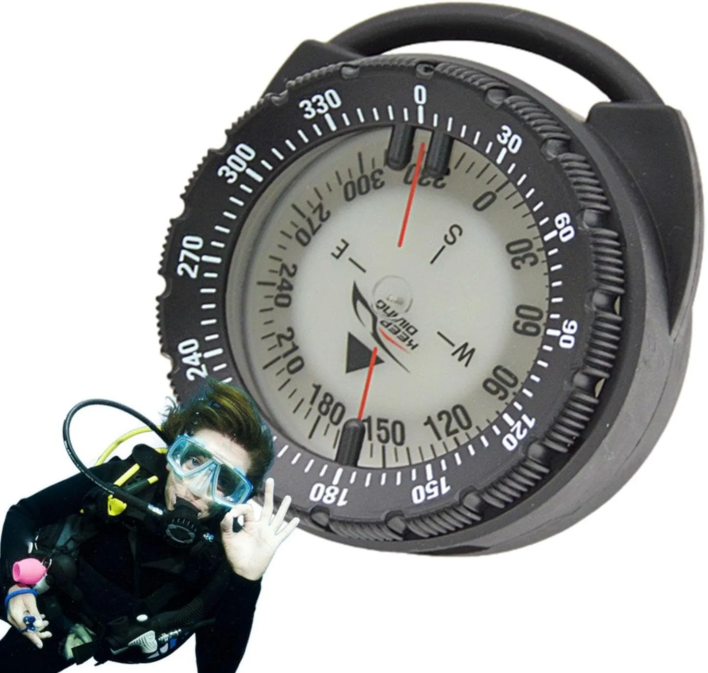 Water Sports, Camping, Hiking, Kayak, Canoe, Travel Dive Compass - Small Diving Compass with vulgar Pipe Clamp, Dive Compass Hose Mount | 50m Magnetic Lightweight Glowing Compass with Side Window for 