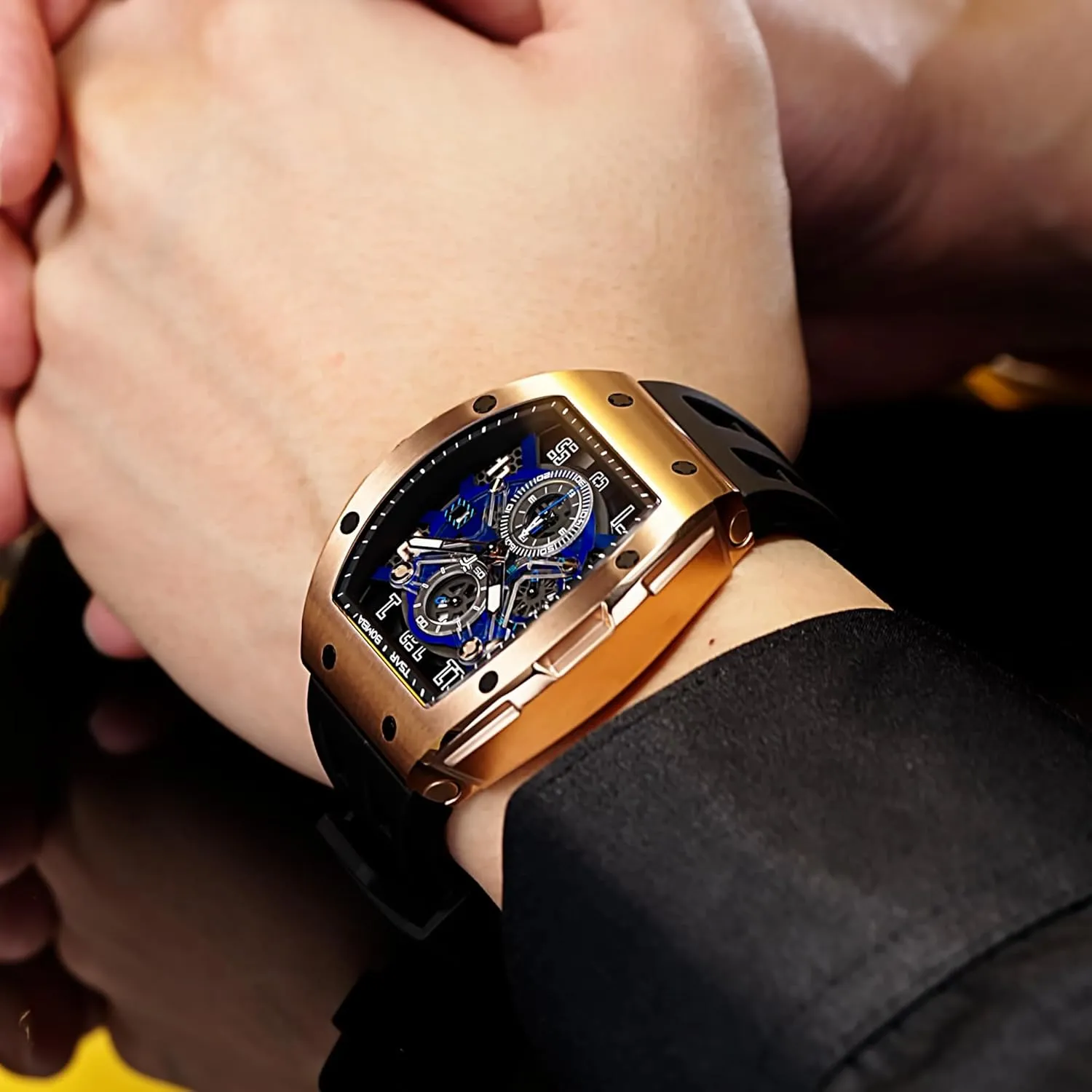 Waterproof 50M Analog Replica Watch Chronograph Calendar Date Men??s Dress gripe Business Work Watch Diver Large Square Face Wristwatch Mens Watches Luxury Tonneau Watches for Men 