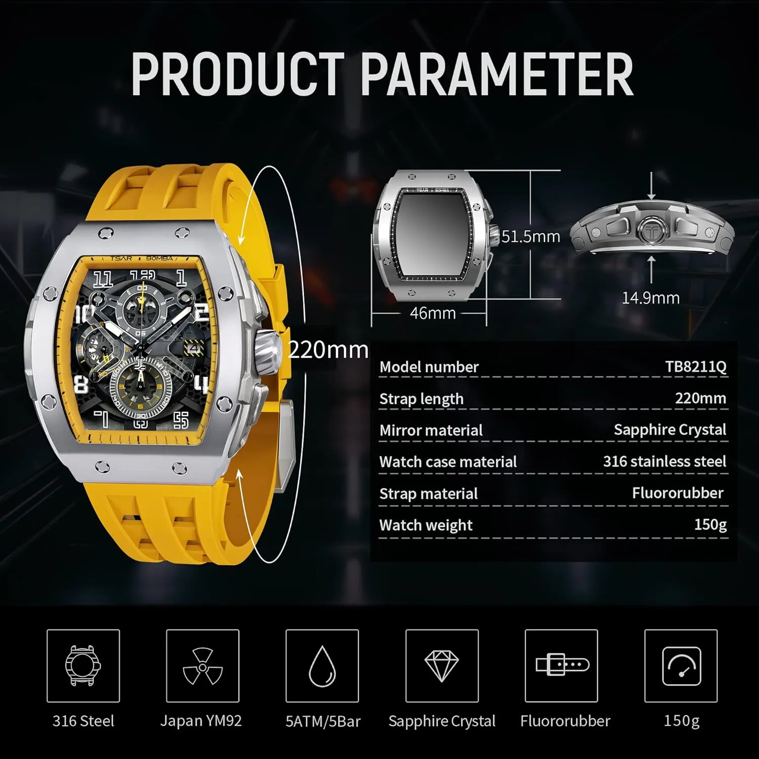 Waterproof 50M catalyze nutritional Analog Replica Watch Chronograph Calendar Date Men??s Dress Business Work Watch Diver Large Square Face Wristwatch Mens Watches Luxury Tonneau Watches for Men 