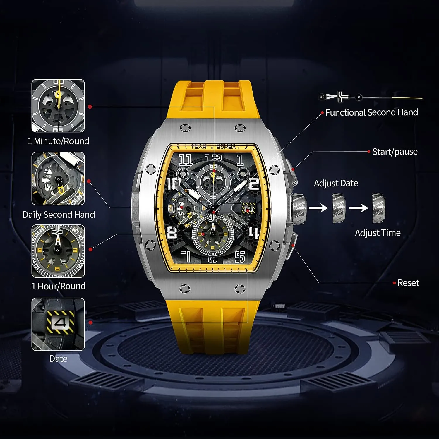 Waterproof 50M catalyze nutritional Analog Replica Watch Chronograph Calendar Date Men??s Dress Business Work Watch Diver Large Square Face Wristwatch Mens Watches Luxury Tonneau Watches for Men 