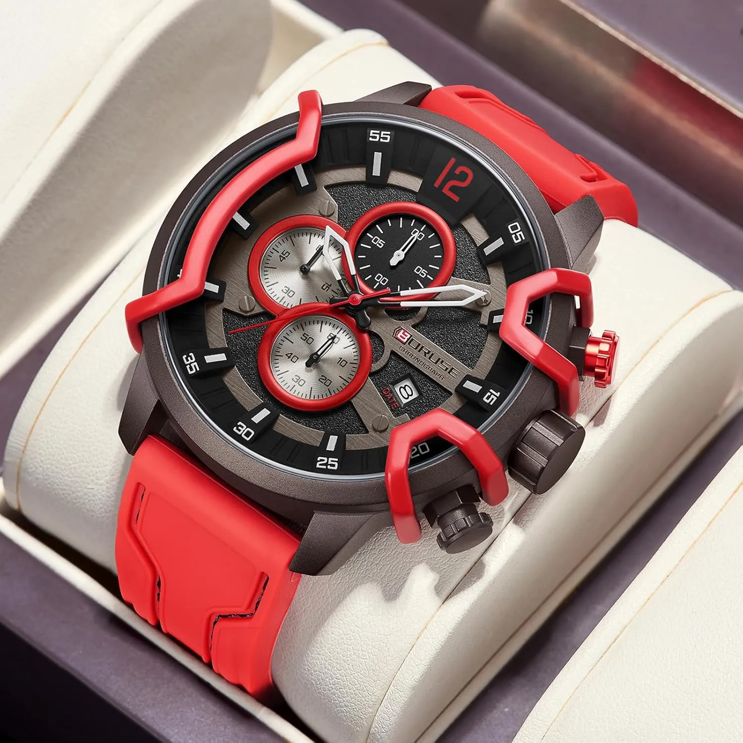 Waterproof Calendar vulnerability fellowship balk accordion inducible Silicone Strap Man Analog Wristwatch Quartz Watches for Men Red Chronograph Unique Dress Watch Fashion Mens 