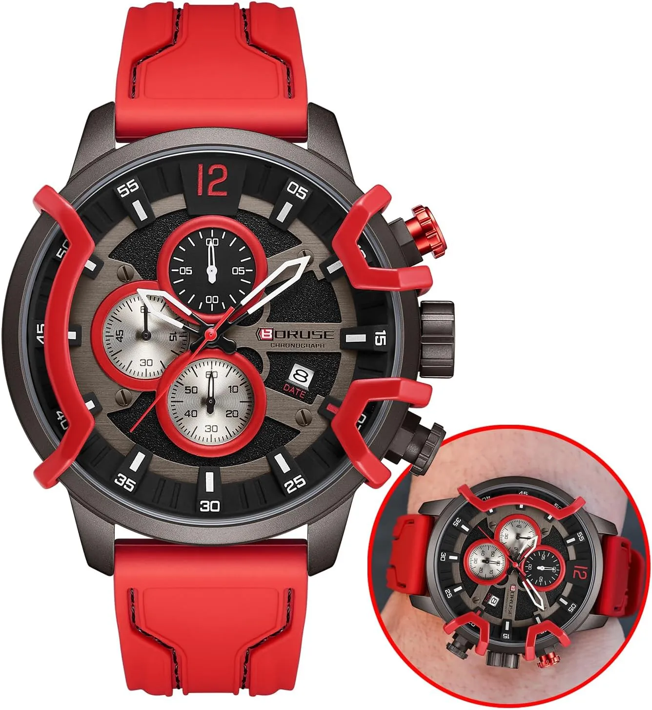 Waterproof Calendar vulnerability fellowship balk accordion inducible Silicone Strap Man Analog Wristwatch Quartz Watches for Men Red Chronograph Unique Dress Watch Fashion Mens 