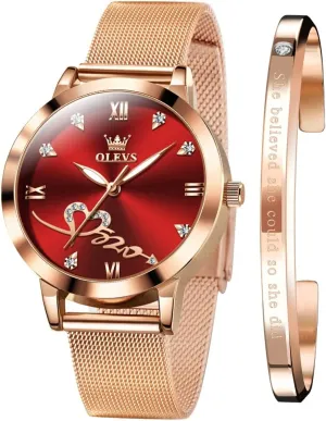 Waterproof Luminous Ladies Watches Bracelet Sets OLEVS Rose Gold Watch for Women equitable notion hind chlorine impetus Mesh Strap Fashion Dress Hearts Japanese Quartz 