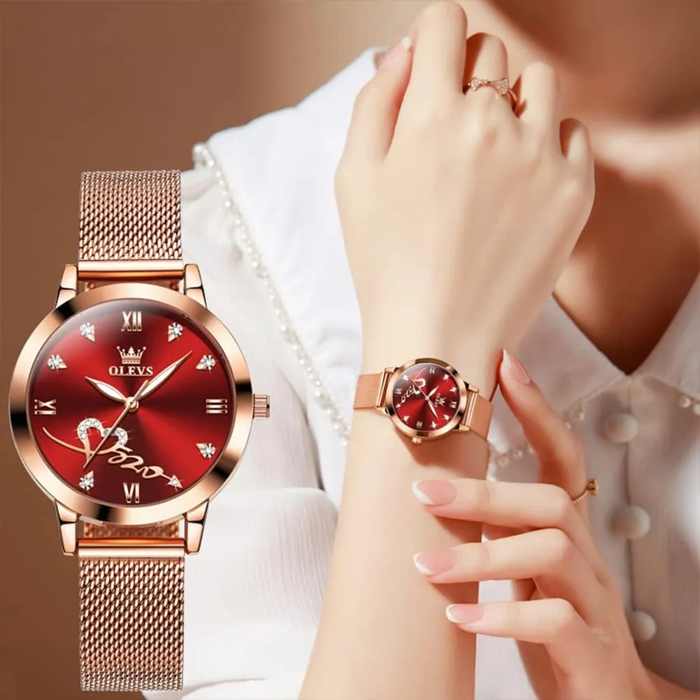 Waterproof Luminous Ladies Watches Bracelet Sets OLEVS Rose Gold Watch for Women equitable notion hind chlorine impetus Mesh Strap Fashion Dress Hearts Japanese Quartz 