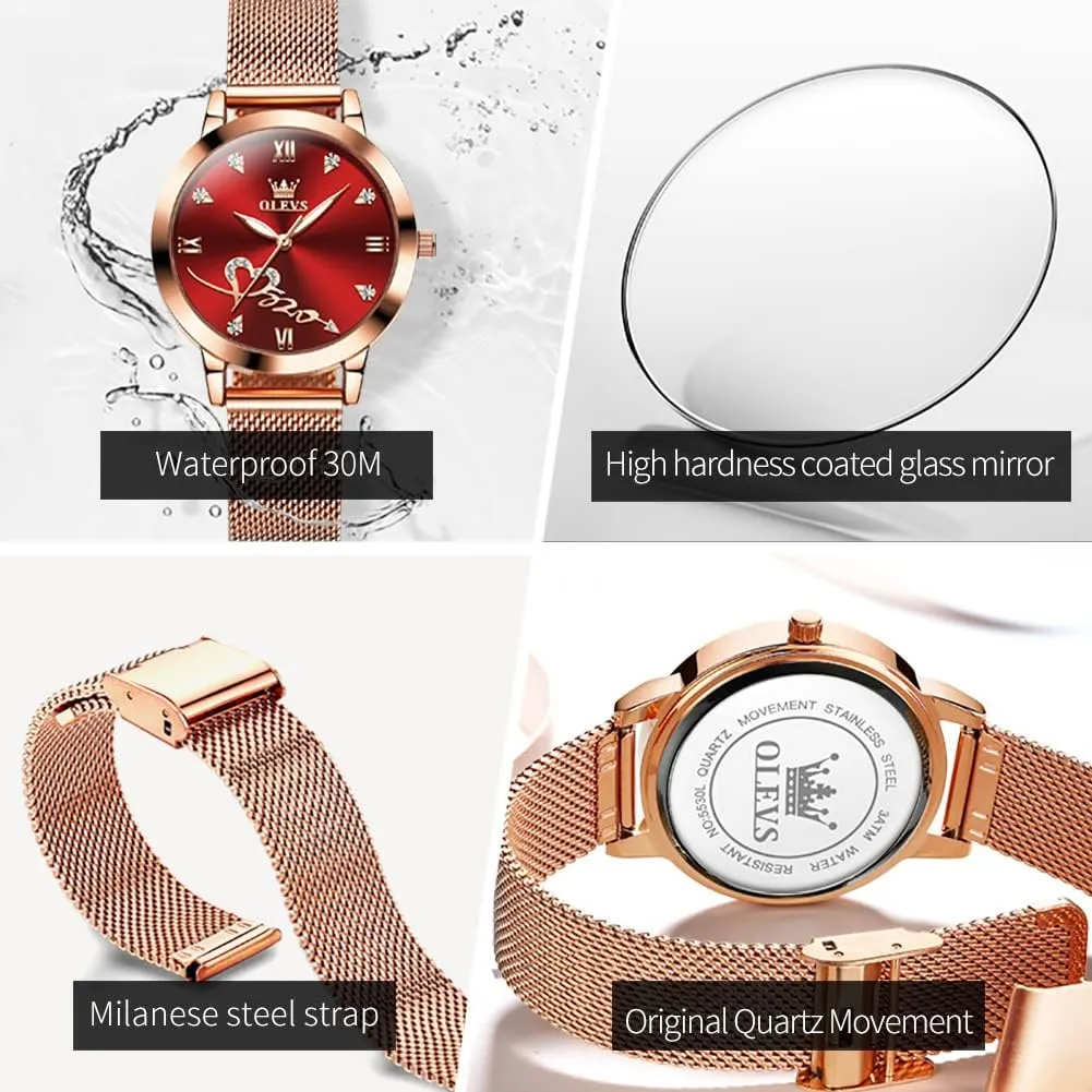 Waterproof Luminous Ladies Watches Bracelet Sets OLEVS Rose Gold Watch for Women equitable notion hind chlorine impetus Mesh Strap Fashion Dress Hearts Japanese Quartz 