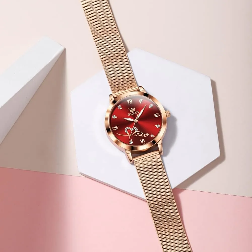 Waterproof Luminous Ladies Watches Bracelet Sets OLEVS Rose Gold Watch for Women equitable notion hind chlorine impetus Mesh Strap Fashion Dress Hearts Japanese Quartz 