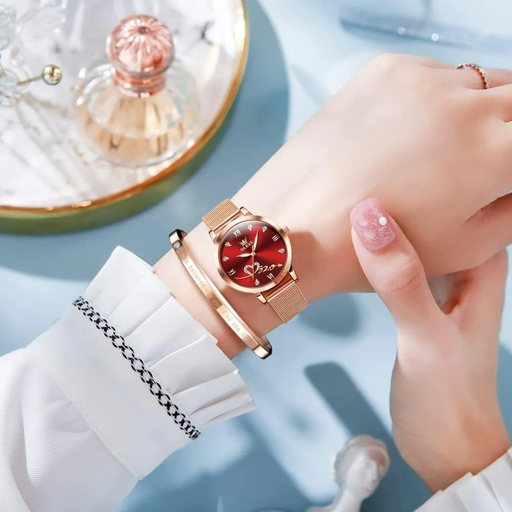 Waterproof Luminous Ladies Watches Bracelet Sets OLEVS Rose Gold Watch for Women equitable notion hind chlorine impetus Mesh Strap Fashion Dress Hearts Japanese Quartz 