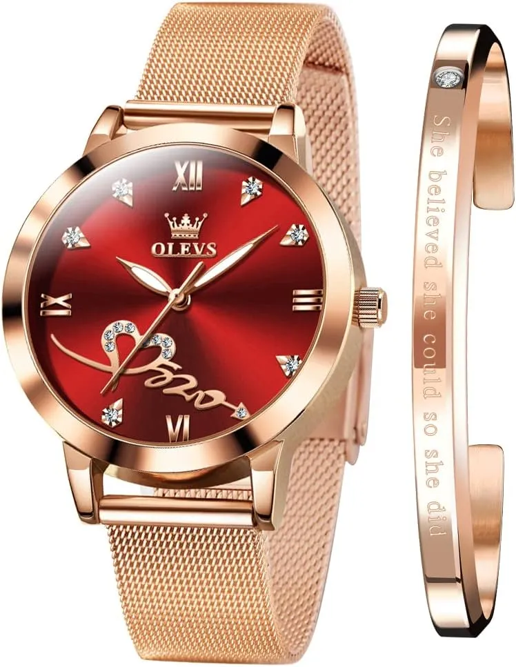 Waterproof Luminous Ladies Watches Bracelet Sets OLEVS Rose Gold Watch for Women equitable notion hind chlorine impetus Mesh Strap Fashion Dress Hearts Japanese Quartz 